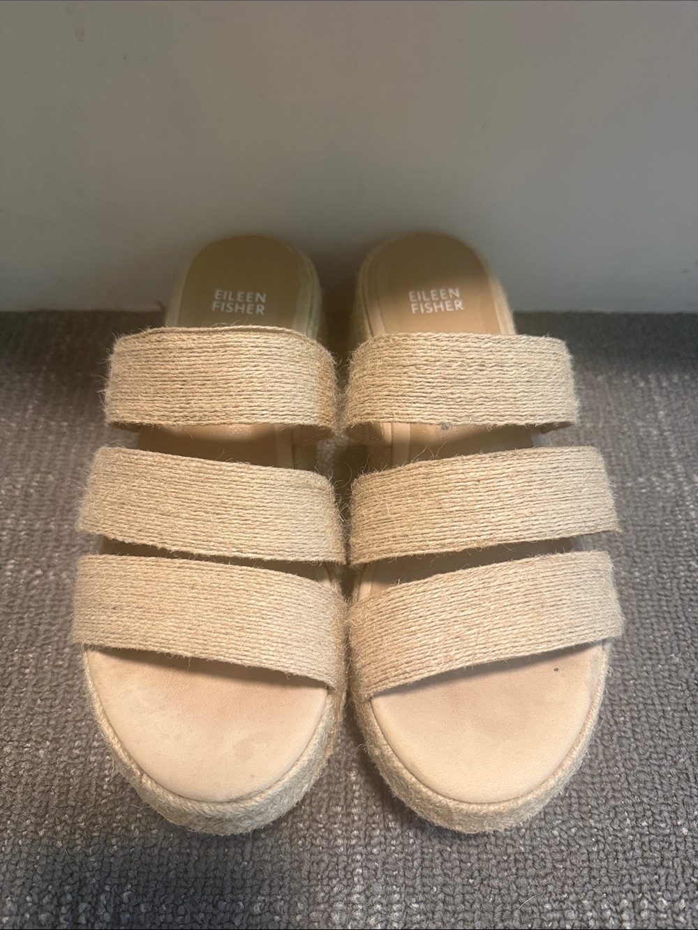 Eileen Fisher Natural Beige Triple-Strap Espadrille Platform Mule